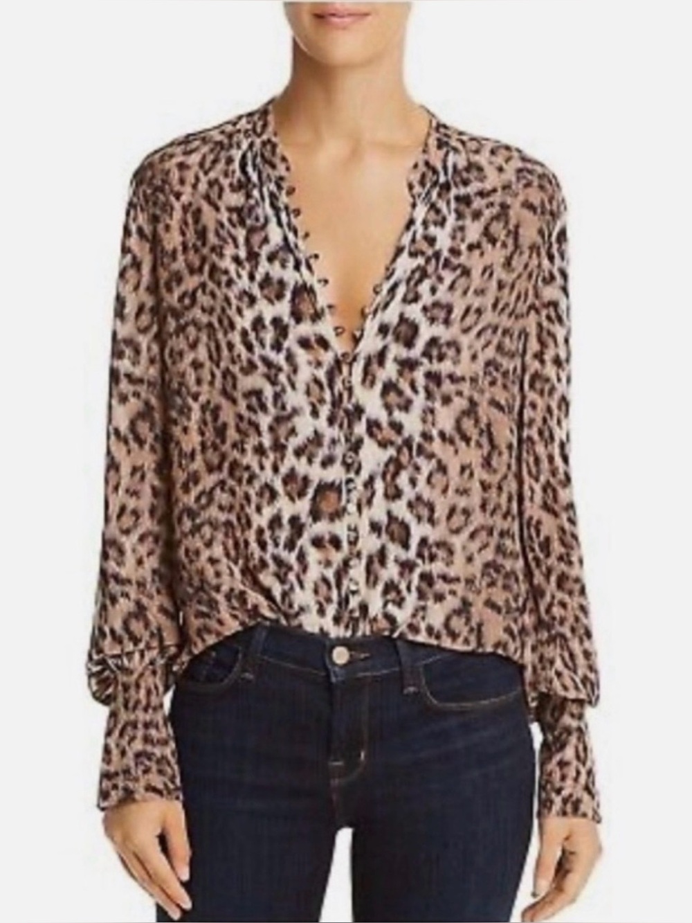 Joie Leopard Print V-Neck Blouse - Taupe/Black